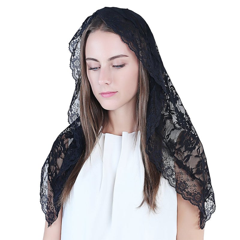 TREORSI Lace Mantilla Catholic Chapel Veil Head Covering for Church - Latin Mass (Black) - Image 1